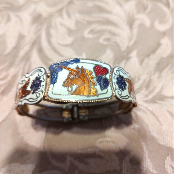Vintage Jewelry - 💙🦄💙Glorious 80's RARE Vintage Enameled Unicorn & Floral Hinge Bangle Bracelet